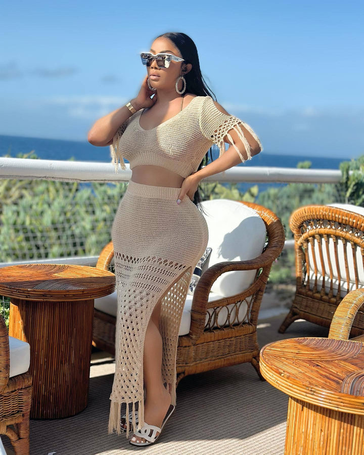 Translation missing: en.European And American Leisure Slit Wool Hand Crochet Knitted Tassel Two-piece Set