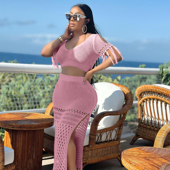 Translation missing: en.European And American Leisure Slit Wool Hand Crochet Knitted Tassel Two-piece Set