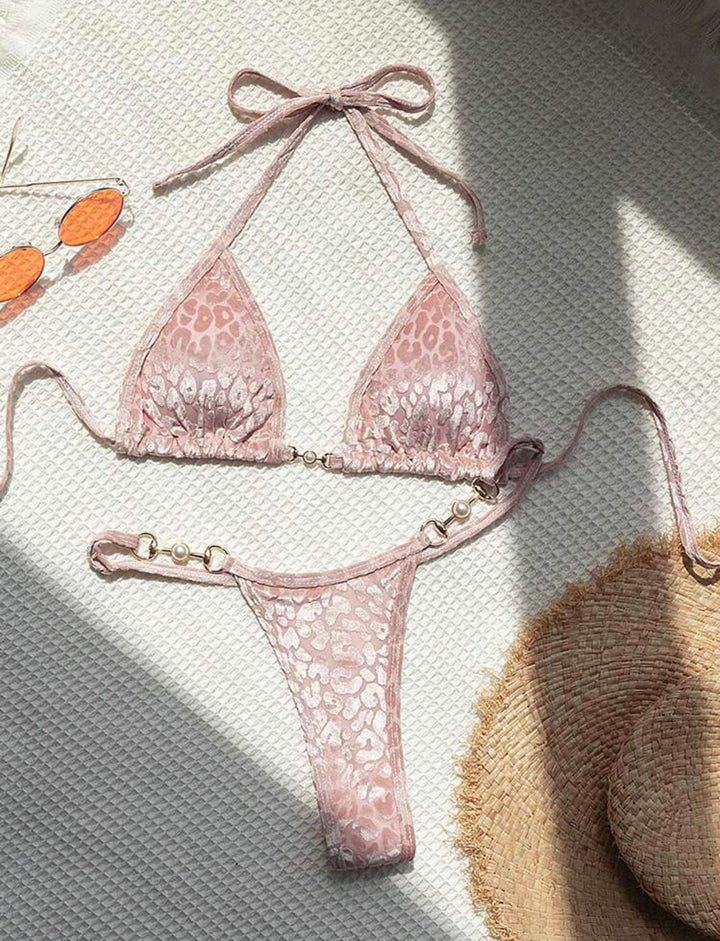 Translation missing: en.T-shaped Pearl Leopard Special Fabric Swimwear Swimsuit Bikini