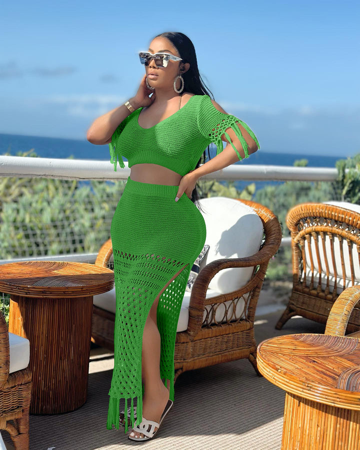 Translation missing: en.European And American Leisure Slit Wool Hand Crochet Knitted Tassel Two-piece Set