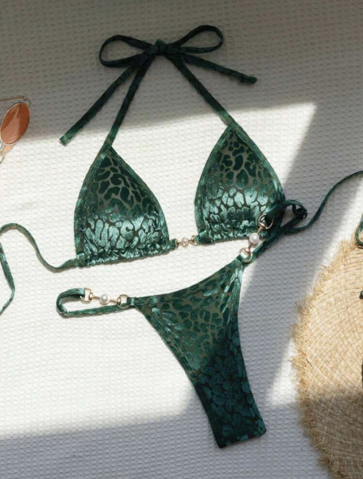 Translation missing: en.T-shaped Pearl Leopard Special Fabric Swimwear Swimsuit Bikini