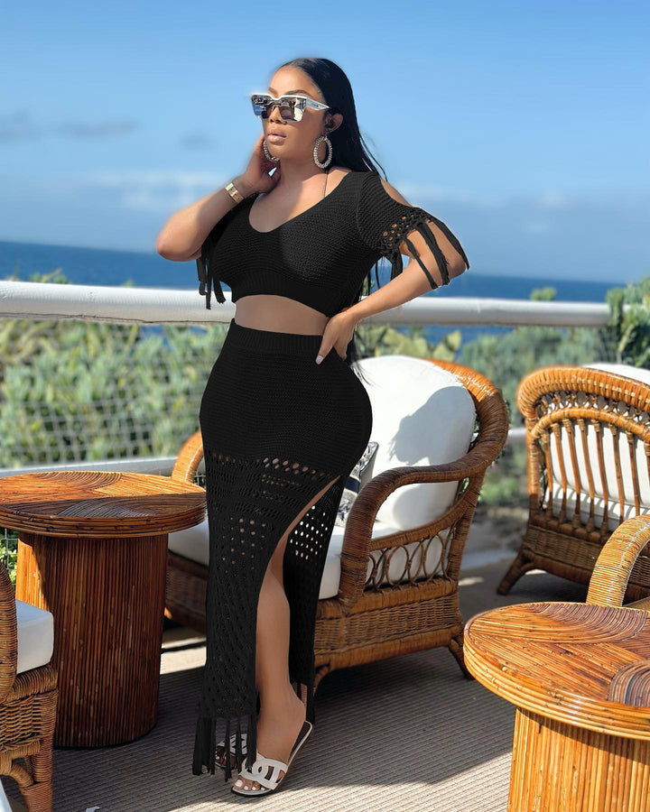 Translation missing: en.European And American Leisure Slit Wool Hand Crochet Knitted Tassel Two-piece Set