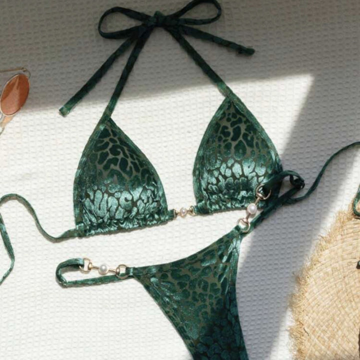 Translation missing: en.T-shaped Pearl Leopard Special Fabric Swimwear Swimsuit Bikini