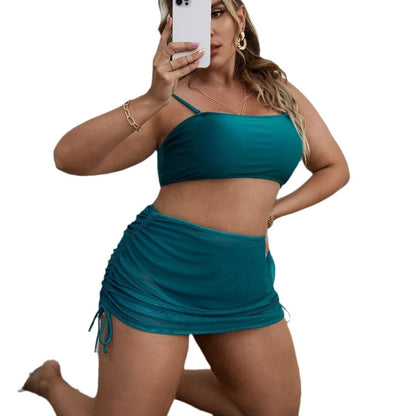 Pure Color Mesh Bikini Three-piece Set For Women