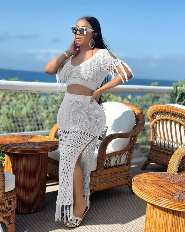 Translation missing: en.European And American Leisure Slit Wool Hand Crochet Knitted Tassel Two-piece Set